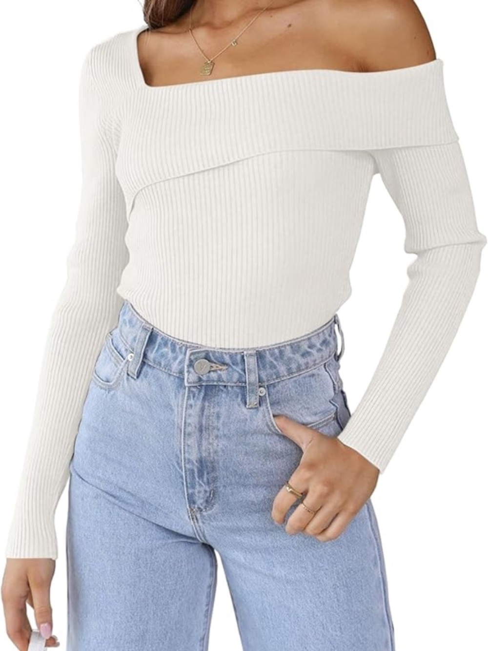 NWOT - LILLUSORY - Off Shoulder Asymmetrical Sweater - White - Size S